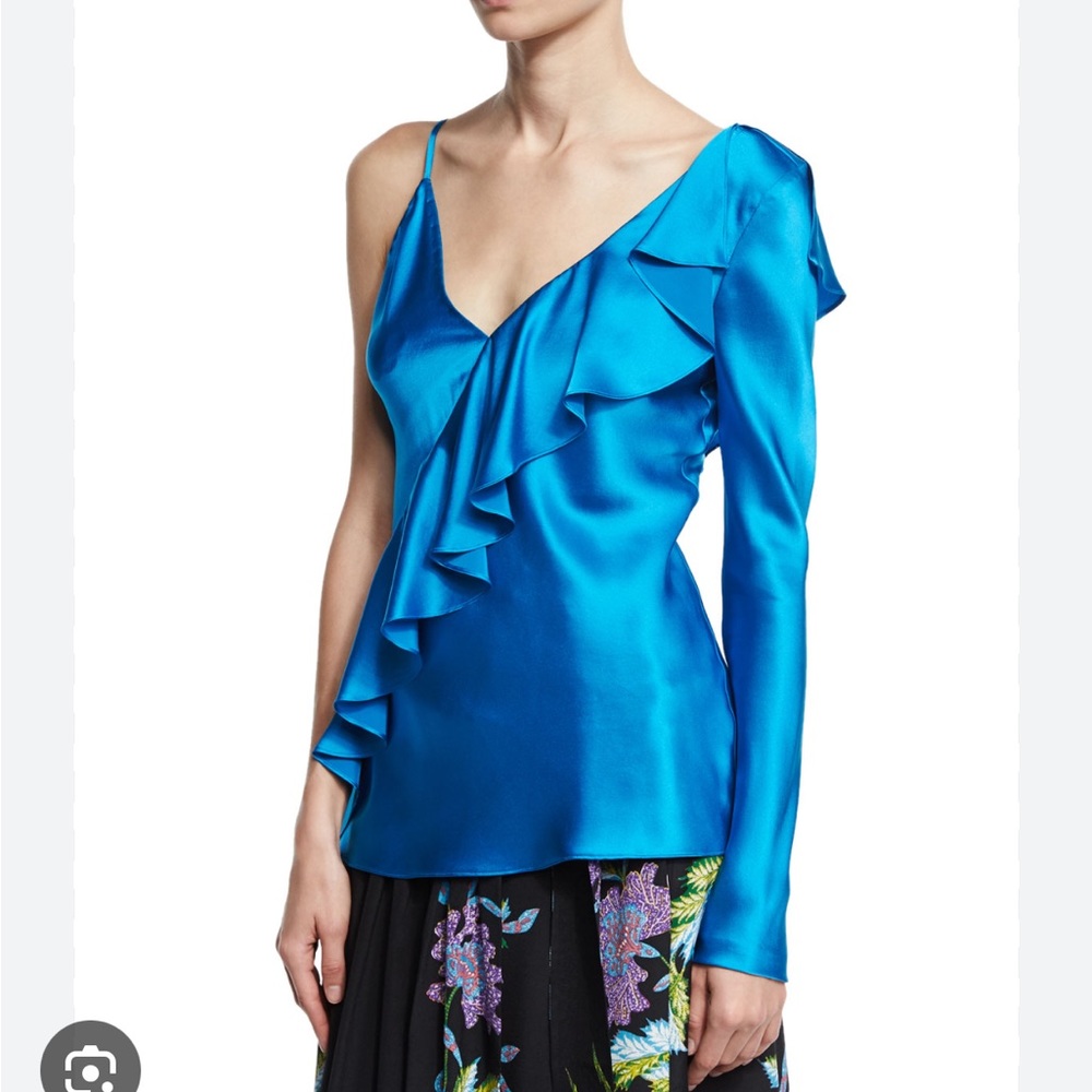 DVF Satin Asymmetric Ruffle Blouse, Turquoise size S